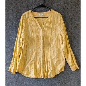 sundance Womens Button Up Tunic Top Size L Yellow Striped Long Sleeve Linen READ